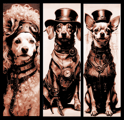 steampunk cani impostato of 3 segnalibri in posa ritratto grande avventura by mclanesmemories arte 2d punk vittoriano vapore fucina cappelli libro marchio segnalibro pennarello 3d print model - Mito3D