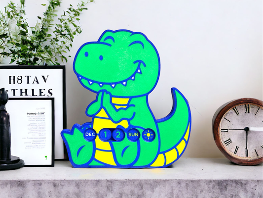 mágico dinossauro calendário by estúdio casa decoração t rex brinquedo brinquedos feriado crianças criança deco cor presente engraçado placa natal natal feliz aniversário festa 2024 suporte fofa desenho animado faça animal menina garoto 3d print model - Mito3D