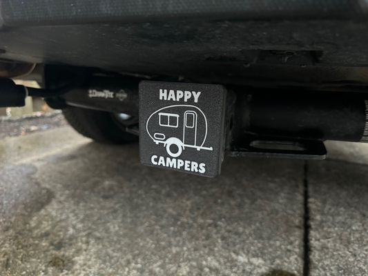 hitch cover - 2 happy campers by puchuco hobby & diy vehicles hitchcover camper camping inch teardrop rustic trail porlar bear kodiak stealth 3d print model - Mito3D