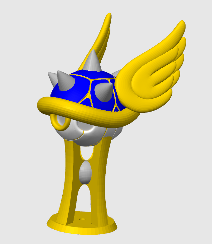 gold blue shell mario kart trophy remixed by 3deen-druck art sculptures blueshell mariokart super bros nintendo stand spikey displaystand bowser wings gaming game switch n64 winner contest 3D print model - Mito3D