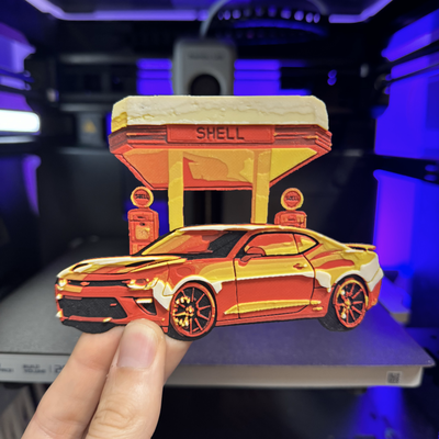 sunset camaro hueforge by neokoi prints art 2d chevrolet corvette zl1 fiero firebird trans am pontiac ford mustang dodge ram f150 silverado jdm muscle car filament painting toyota nissan mazda miata supra bmw truck s2000 honda challenger charger scat pack hellcat demon dragracing drift drifting 3d print model - Mito3D