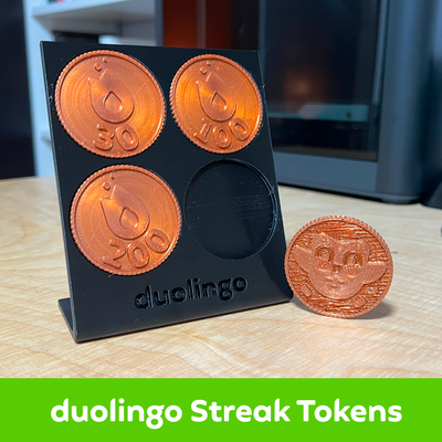 duolingo risca tokens + exibição ficar pé by leetpiet arte moeda distintivos símbolo moedas recompensa progresso coruja 3d print model - Mito3D