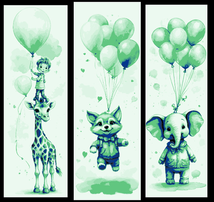 oms l'amour ballons mignonne bébé animaux ensemble of 3 signets in bleu vert by souvenirs mclanes art 2d girafe l'éléphant loup chiot livre marque marqueur signet forge chapeaux 3d print model - Mito3D