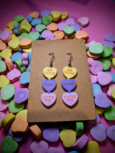 valentine sweetheart candy danglies by ibaviosa baubles fashion jewelry heart sweet earring sugar be xoxo cute cutie pie articluated 3d print model - Mito3D