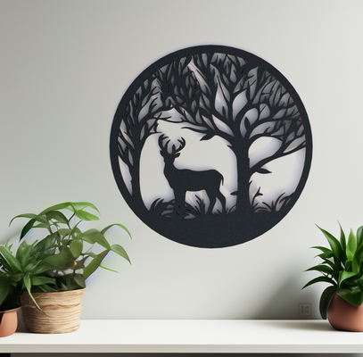 deer in woods wall art hanging by kawesky 2d wallart wallhanging 2dwallart 3dwallart wall3d nature decor minimalist minimal modern interior interiordecoration interiordesign poster artwork inspired nature-inspired vector silhouette silhouetteart cottagecore cozy natural stag trees treeart leaves tree 3d print model - Mito3D