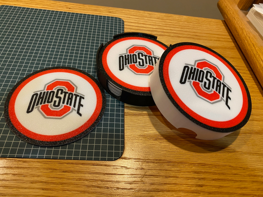 ohio state coaster set caddy w color by cybr3d hobby & diy sport outdoors college football buckeyes beer soda drink beverage 3d print model - Mito3D