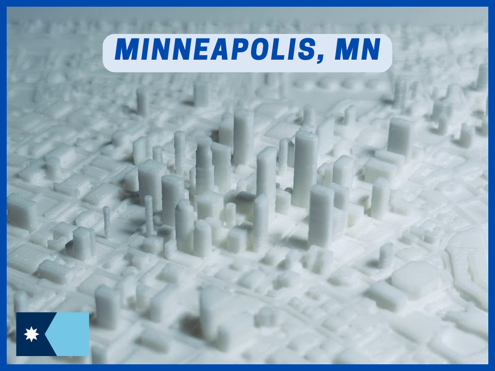 minneapolis mn klein 3d stadt by 3dfolio miniaturen architektur lakers gedenkpolizei minnesota stl download stadtbild landschaft geographie mini dorf karte google karten topo topographie 3D print model - Mito3D