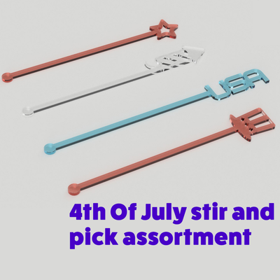 4th of july holiday pick & stir assortment by makers mashup household festivities 4thofjuly festivity independenceday fireworks cocktails cakes pickandstir stirrer occassion 3d print model - Mito3D