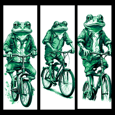 set of 3 bookmarks - mr frog riding bike town admiring world by mclanesmemories art 2d mr mister green book bookmark marker mark hueforge 3d print model - Mito3D