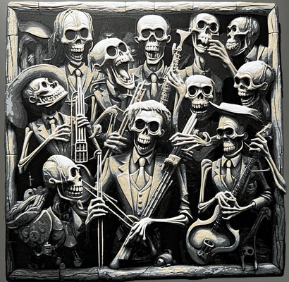 undead jazz band in frame by donmatis art models hueforge 3d print model - Mito3D