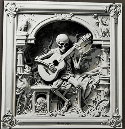 playing music in frame by donmatis art models hueforge filament painting skeleton 3d print model - Mito3D