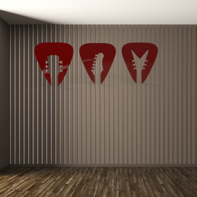 trio of picks - wall hanging scaleable to size junetunes by makers mashup household decor wallart guitar gutarpick guitarpicks gift music 3d 3dprint home homedecor homedecoration homedecorations decoration decorations decorative display mount wallmount 3d print model - Mito3D