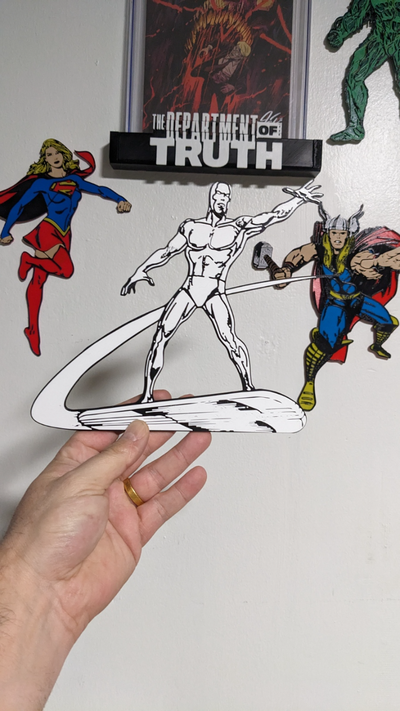 silver surfer wall art by standitupstore 2d logo marvel fantastic four bambu kids room decor deco hueforge 3d print model - Mito3D