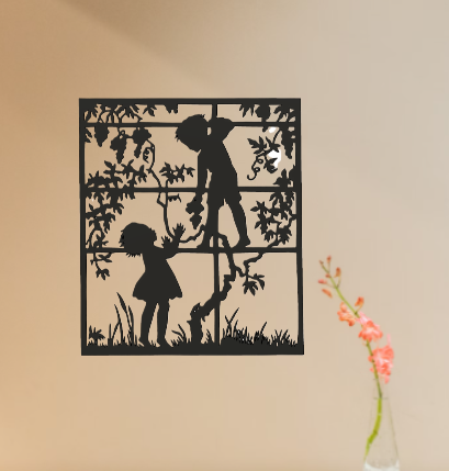 enfants vigne silhouette by scott 3d art 2d gamins pochoir mur mural grain raisin fenêtre 2dart contour décoration ombre carré rectangle forme formes 3D print model - Mito3D