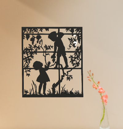 children on grapevine silhouette by scott-3d art 2d kids stencil wall wallart grape vine window 2dart outline decoration shadow square rectangle shape shapes 3d print model - Mito3D