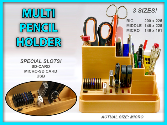 multi pencil holder 3 sizes by wing-art household office box accessories deco cable tool scissor organizer storage bin usb a sd card cardholder microsd microsdcard microsdcardholder micro desk accessory space saver saving spacesaver spacesaving gadget pencilholder workspace improvement organization 3d print model - Mito3D