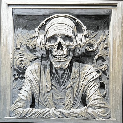 listening music in frame by donmatis art models skull hueforge filamentpainting 3d print model - Mito3D