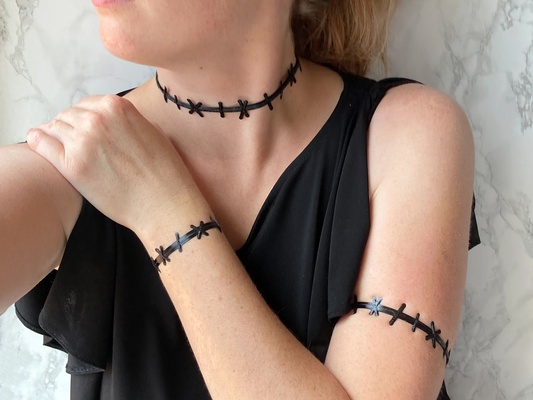 stitched neck choker bracelets armbands by penolopybulnick props & cosplays halloween jewelry bracelet nightmarebeforechristmas sally frankenstein armband halloweenjewelry 3d print model - Mito3D