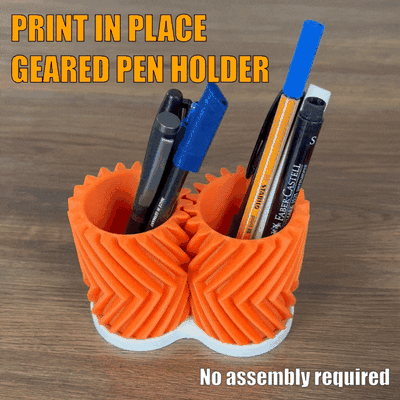 print in place geared pen holder by gallus design household office gear herringbone 3d print model - Mito3D