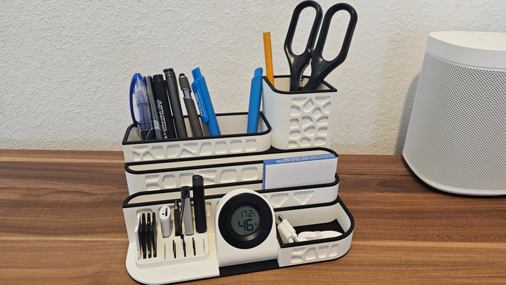 organizer gadget by big greek household house models pen container pencil holder penholder office desktop desktoporganizer desk accesories usb micro nerd sd card bambu bambulab lab x1c p1p p1s box post postit no support needed 3d print model - Mito3D