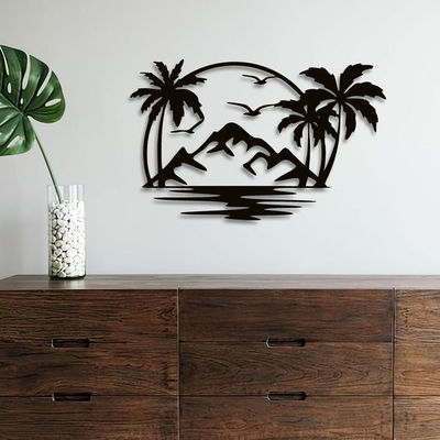 2d wall art paradise view by orangess 2dart wallart 2dwall decor decoration decorative wallmount hang painting palm palms birds mountain sea sunset mountains home house 2024 3d print model - Mito3D