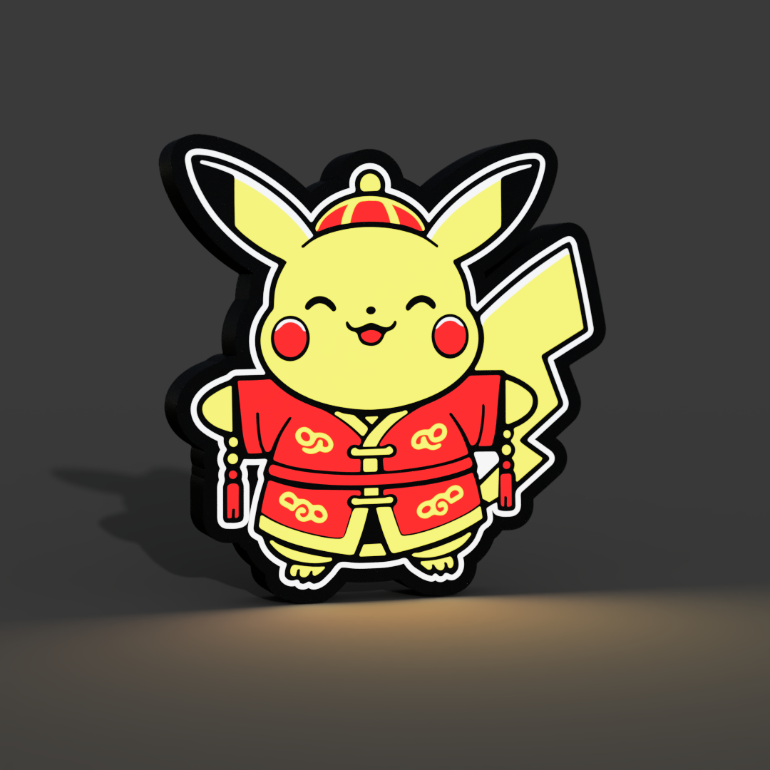 pikachu cinese anno lightbox guidato lampada by braga3dprint arte modelli nintendo pokemon ledbox lampbox lightart capodanno cinese annodeldrago yukata kawaii samelayer multicolore mmu ams led tipo giunto leopardo 3D print model - Mito3D