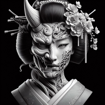 devil geisha hueforge by tufactoria3d generative 3d model & lithophane art hueforgeart asian 3d print model - Mito3D