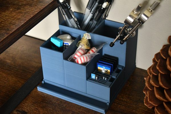 modern desk organizer holds by printedbyjohn tools organizers box bambu accessories accessory sd tf card usb holder pen pencil office gift 2024 2023 blue gaming white computer p1p p1s a1 mini x1 carbon ams fast calibration speed kitchen paper cap candy scissors sharp filament accesory adapter art 3d print model - Mito3D