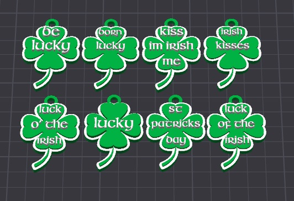 8 assorted st patrick's day keychains necklace charm pack 2 free commercial by dominator334 fashion jewelry irish ireland patricks saint green holiday gift gifts peace prosperity keychain accessory accessories key cute kid kids child chilfren boy girl kidstoys happy 2024 drunk clover shamrock necklacecharm necklaces pendant pendent ams ready boys girls 3d print model - Mito3D