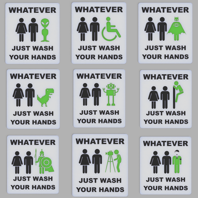 funny sign wash hands by zedee art signs & logos office restroom toilet 2d wc bathroom decor male female robot gladiator batman trex dinosaur disabled handicap alien adolf camera hand 3d print model - Mito3D