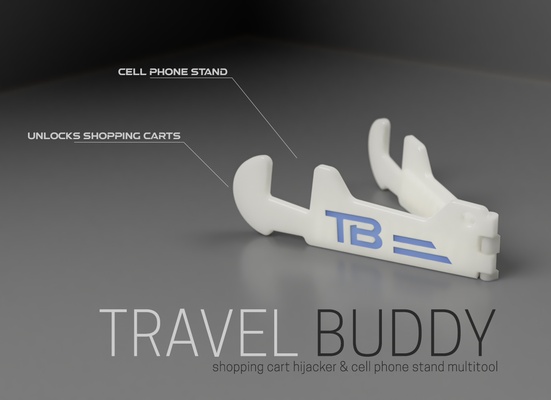 travel buddy - cell phone stand & shopping cart hijacker multitool printed in place by nils kal tools gadgets print phonestand printinplace token 3d print model - Mito3D