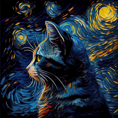 cat in van gogh style hueforge by buzzeye generative 3d model & lithophane starry night hf cats lover wallart wall art poster animal animalart 3d print model - Mito3D