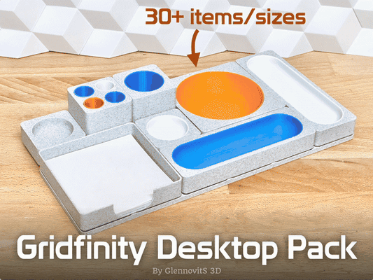 gridfinity desktop pack - organizer starter kit by glennovits 3d household office grid organize organizing desk bedside box boxes bin bins baseplate baseplates tray trays bowl bowls pen pens pencil pencils holder stand circular start beginner postit post it post-it note paper stackable system storage storagesystem container storagecontainer small medium big large bauhaus tool tools lite 3d print model - Mito3D