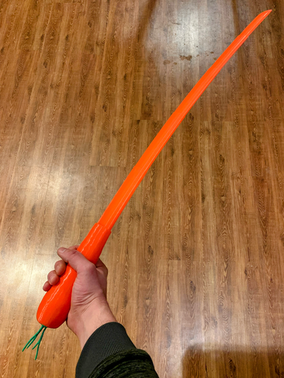 karrotana - a carrot shaped katana by man of mystery intl toys & games sword printinplace print in place retractable collapsable blade 3d print model - Mito3D