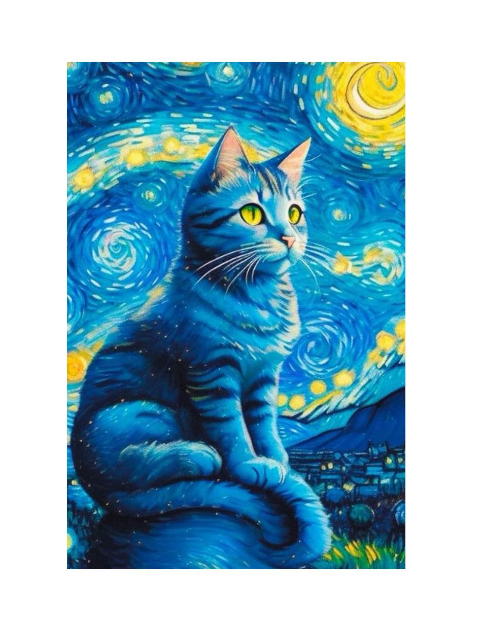 cat in stars van gogh style hueforge by buzzeye generative 3d model & lithophane art night landscape 2d kitty lover poster animal starry cats wall 3D print model - Mito3D