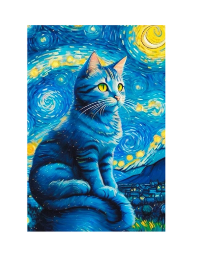 cat in stars van gogh style hueforge by buzzeye generative 3d model & lithophane art night landscape 2d kitty lover poster animal starry cats wall 3d print model - Mito3D