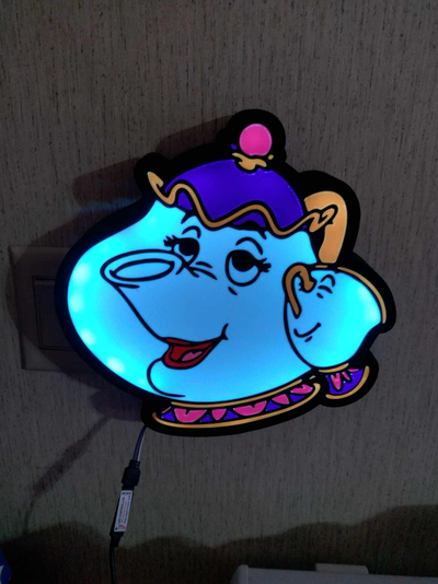 beauté bête mme théière puce led lumière boîte by balorfan85 art panneaux logos madame 3d print model - Mito3D