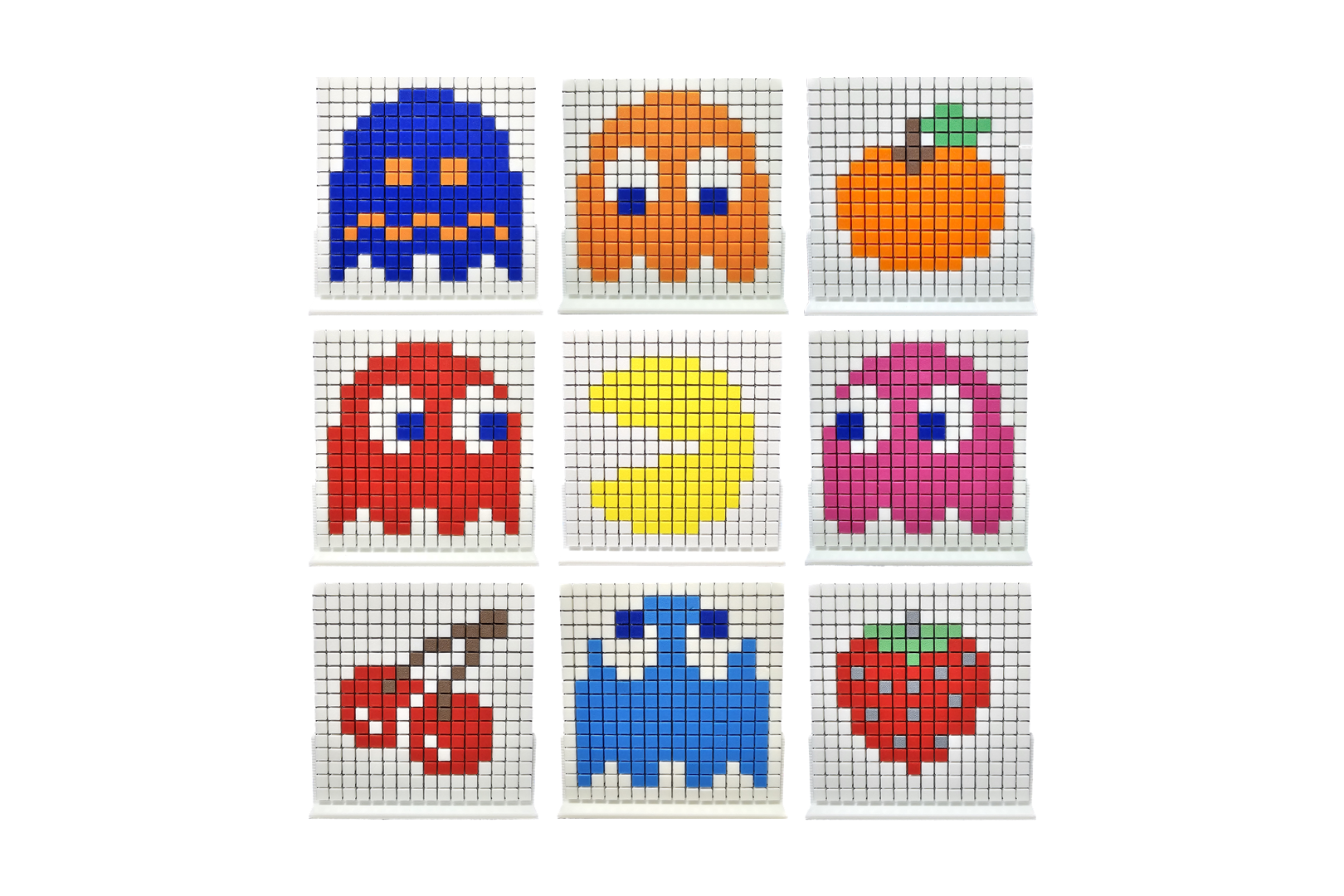 pac man 8mm pixel puzzle collection by sthan génératif 3d modèle fabricant art monde créateurs pac man homme fantômes encre clignotant pinky clyde effrayé cerise fraise orange 3D print model - Mito3D