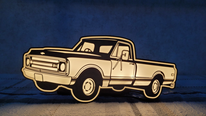 chevrolet c 10 guidato luce scatola by stampe nostalgiche arte 2d chevy silverado corvetta c10 c110 c100 1969 ams a1 x1c bambu bambux1c bambulabs già lightbox almp lampada gmc cartello camion roba 69 3d print model - Mito3D