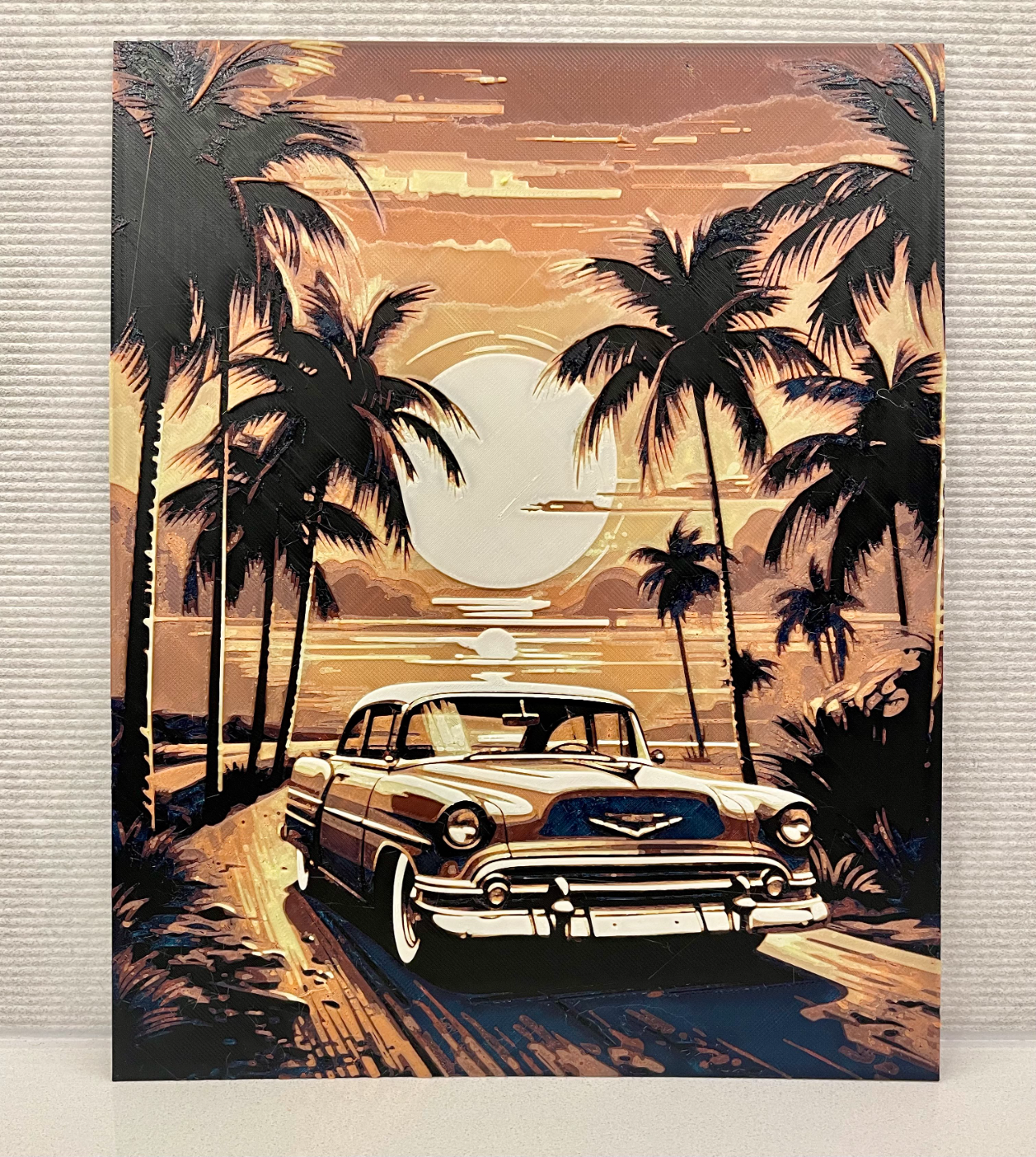 retro car at sunset - hueforge filament painting by shakastudio art 2d multicolor wallart golden hour 3D print model - Mito3D