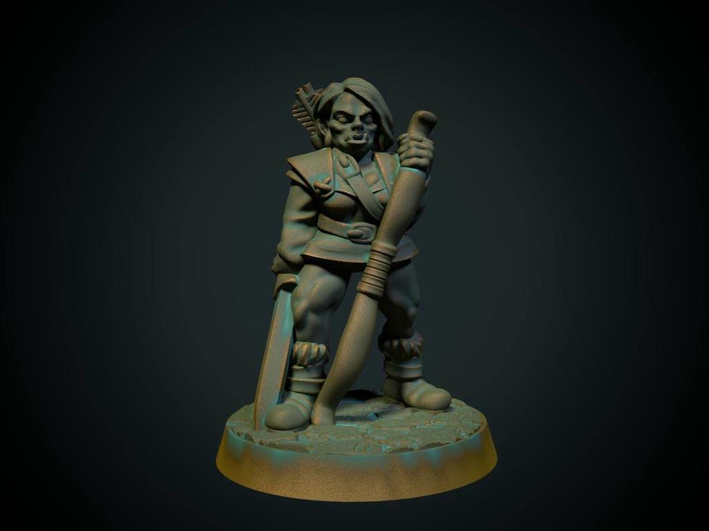 half orc femmina ranger 28mm supporto fdm amichevole by brite minis giocattoli giochi personaggi dnd dungeons and dragons warhammer orco thingiverse frostgrave mezzo 3D print model - Mito3D