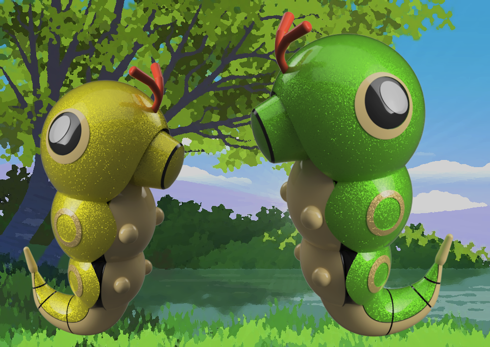 pokemon caterpie raupy by chipotle art sculptures mon mons poket animal gold forrest caterpillar yellow green bug bugs catch leaf tier fang wild wilds kaefer netz cocon net gelb grn gruen klein micro 3D print model - Mito3D