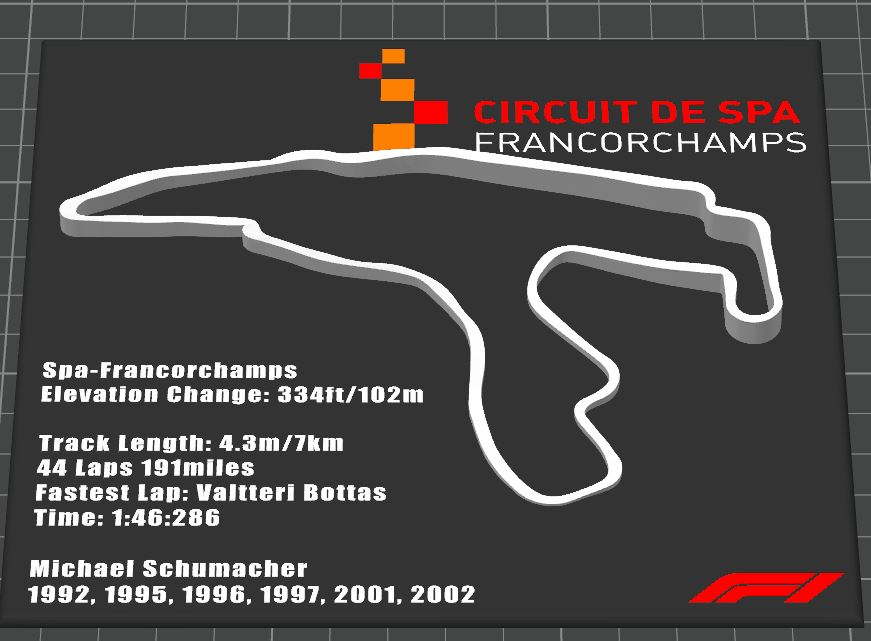 f1 - spa racetrack stats elevation by whicks10 hobby & diy vehicles 2024 car fan keychain 3D print model - Mito3D