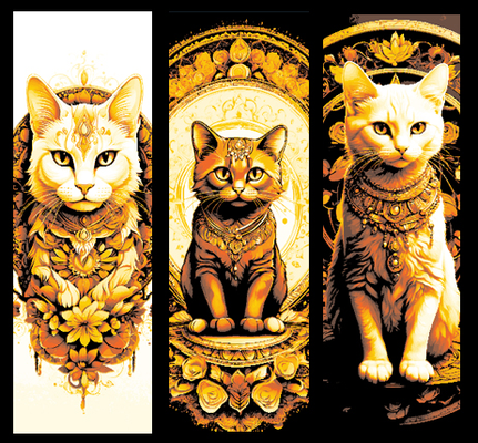 gold cats - art of cat portraits dressed in finery set 3 bookmarks by mclanesmemories 2d golden kitty kitten kittycat royalty book mark bookmark marker hueforge 3d print model - Mito3D