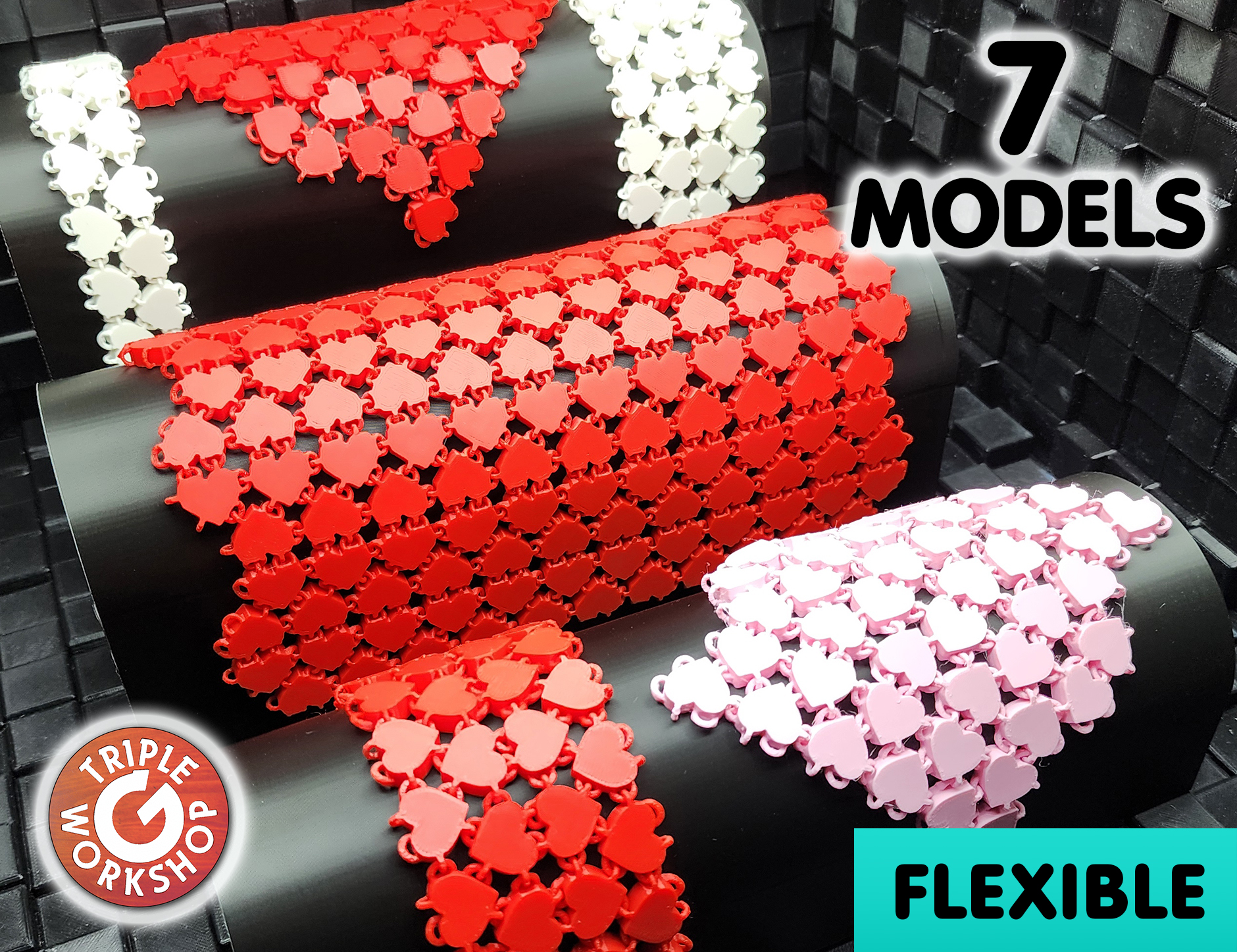 flessibile cuore tessuto 7 modelli by workshop gambe 3d stampante test giocattolo collegamento catena ragnatela agitarsi regalo divertimento ad incastro forma amore multipart roll nasa foglio cuori san valentino maglia netto romantico fragile flettere 3D print model - Mito3D