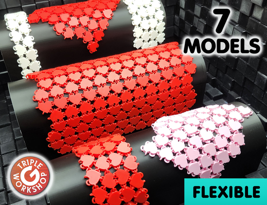 flexible corazón tela 7 modelos by taller triple 3d impresora prueba juguete enlace cadena web agitarse regalo divertido entrelazado forma amor multiparte rodar nasa sábana corazones enamorado día san valentín malla red romántico frágil flexionar 3d print model - Mito3D