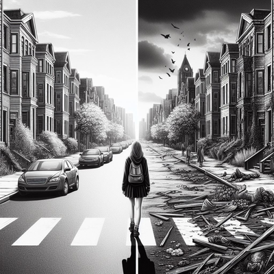 world apocalypse hueforge by buzzeye generative 3d model & lithophane last of us zombie girl contrast multicolor comparison zombies city street black white 3d print model - Mito3D