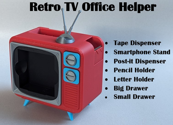 retro tv office helper by blubdiwub tools organizers desk organizer container box drawer dispenser holder stand smartphone pencil letter post it contest 3d print model - Mito3D