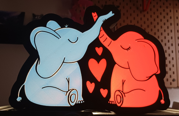 mignonne éléphants cœurs led lampe signe by the3dsportsbeard art modèles romantique cœur saint valentin valentines boite lumière l'amour animaux adorable mur 2d journée bleu rose mélange couleurs 3d print model - Mito3D