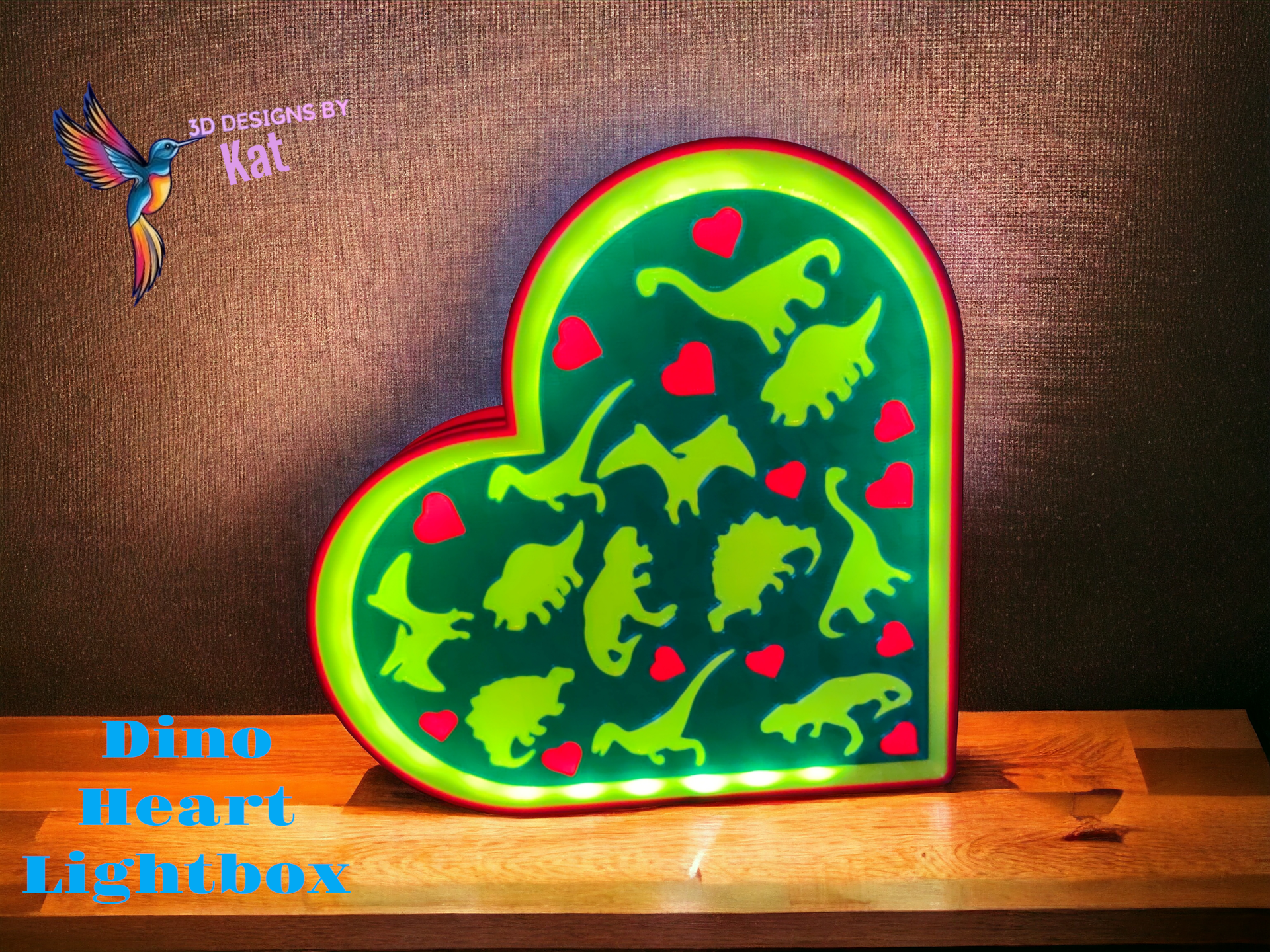 dinosaurier herz leuchtkasten by kit kat designs kunst 2d dino led lampe nachtlicht valentinstag box grün blau rot 3D print model - Mito3D